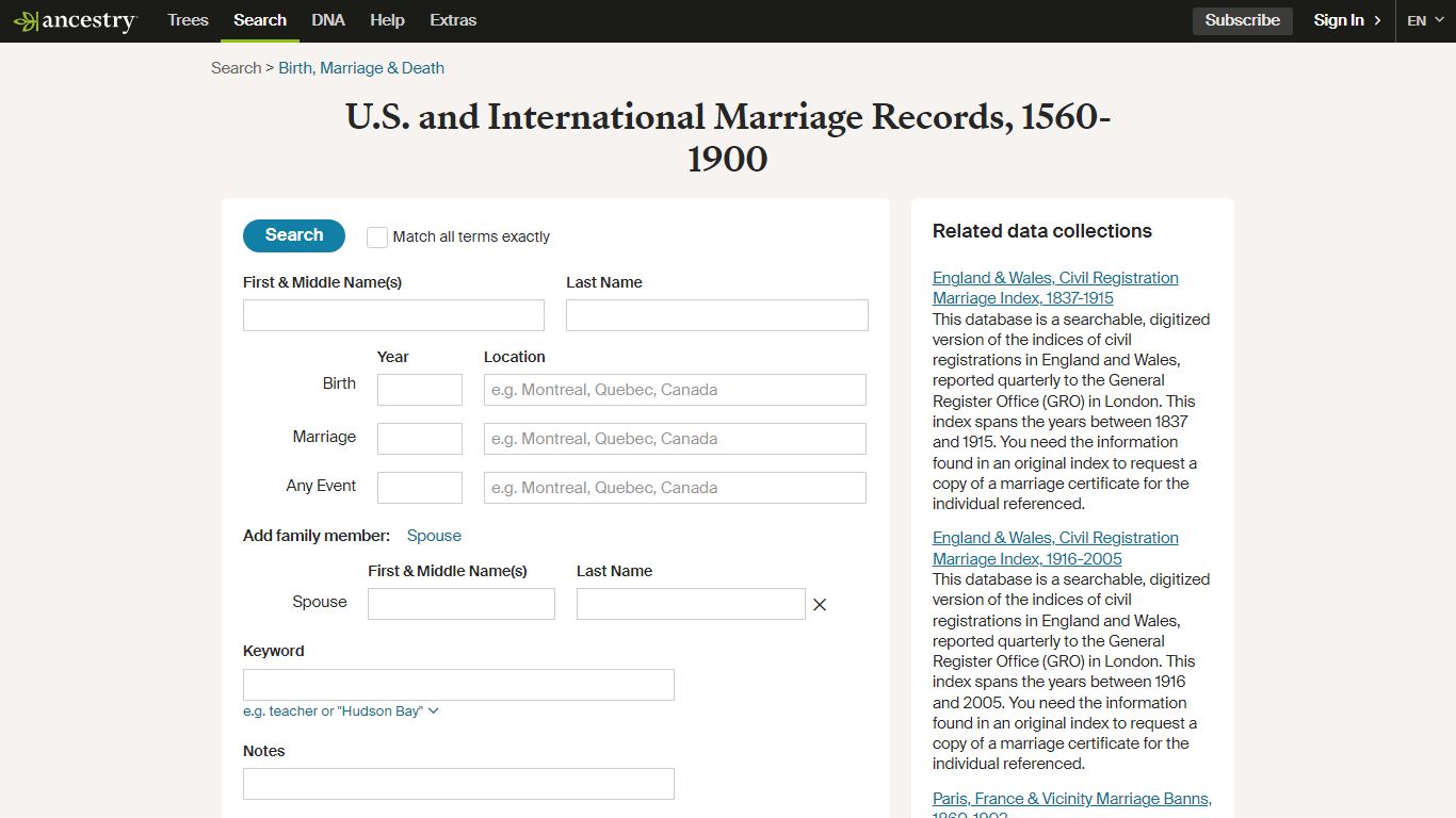 U.S. and International Marriage Records, 1560-1900